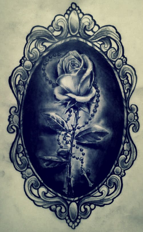 a black and white drawing of a rose in a frame