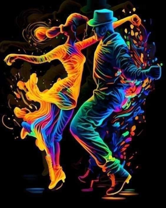 two people are dancing in the dark with colorful paint on their body and one is wearing a top hat