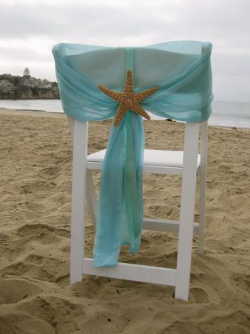 a chair with a starfish on it and a blue sash around the seat cover