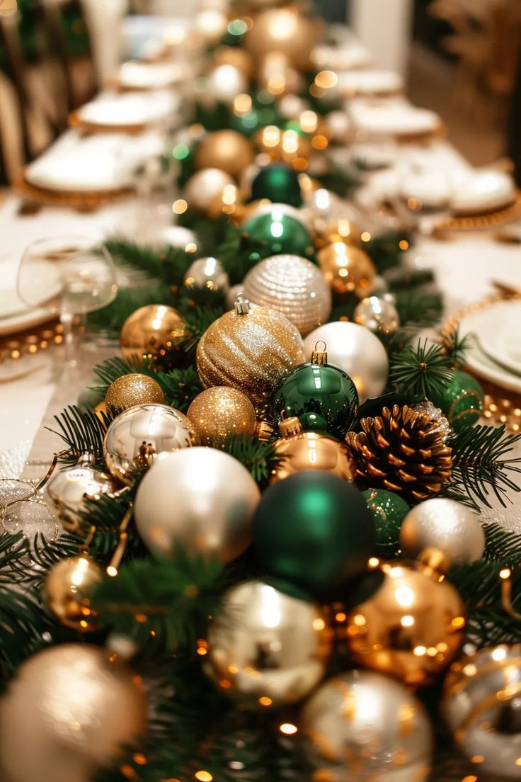 a long table is decorated with green and gold ornaments