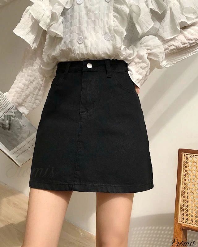 Eromis - Exquisite Black High-Waisted Denim A-Line Skirt with a Figure-Flattering, Hip-Hugging Silhouette Black Jeans Skirt, Rok Mini, High Waisted Denim Skirt, Black Denim Skirt, Denim Skirt Women, Half Skirt, A Line Mini Skirt, Skirt Midi, Skirt Mini