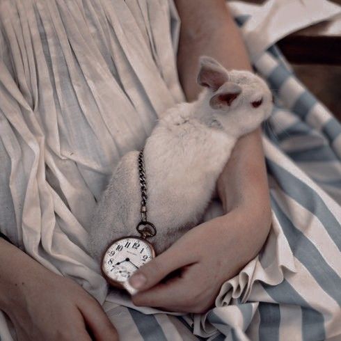 a woman holding a small white rabbit in her lap with a pocket watch on it