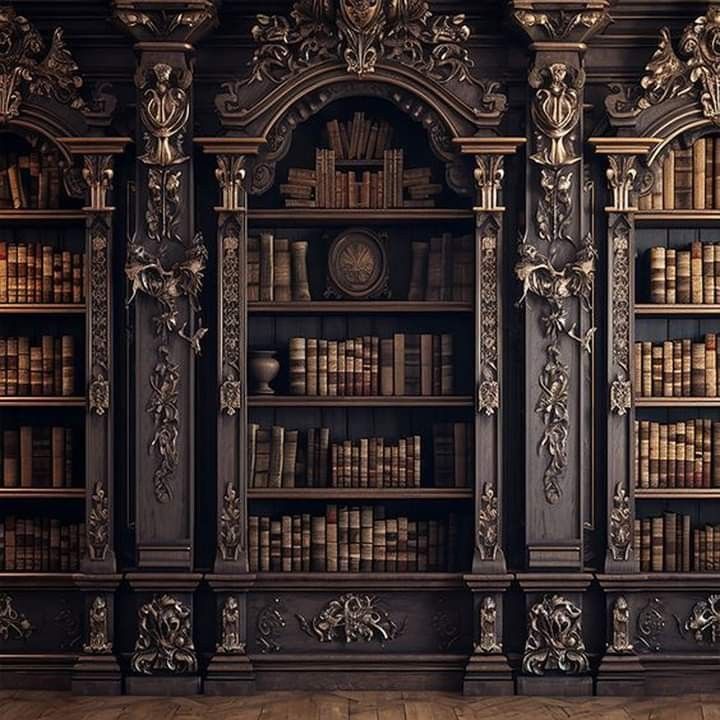 an old bookcase with many books on it in a room filled with wooden floors