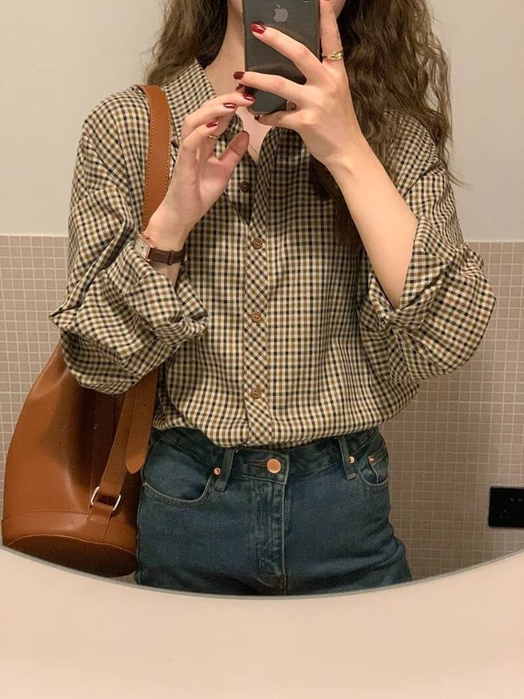 Material : Cotton, Polyester Pattern: Plaid Collar: Turn-down Closure Type: Button-up Style : Dark Academia Aesthetic Size (cm) Shoulder Bust Sleeve Length S 51 104 44 61 M 52 108 44 62 L 53 112 45 63 XL 54 116 45 64 Size (inch) Shoulder Bust Sleeve Length S 20.08 40.94 17.32 24.02 M 20.47 42.52 17.32 24.41 L 20.87 44.09 17.72 24.80 XL 21.26 45.67 17.72 25.20 Winter Cotton Blouse With Button Closure, Winter Cotton Button-up Blouse, Winter Cotton Blouse With Buttons, Casual Plaid Top With Puff Sleeves, Winter Brown Cotton Blouse, Cotton Button-up Blouse For Fall, Casual Brown Office Top, Casual Brown Top For Office, Casual Brown Blouse For Winter