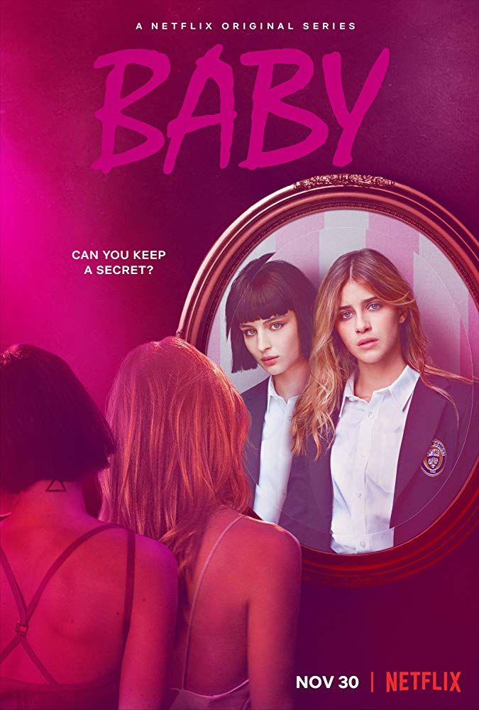 a movie poster for the film baby with two women looking at each other in front of a mirror