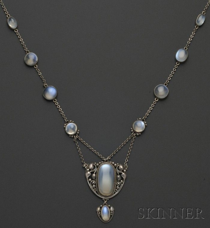 Arts & Crafts Silver and Moonstone Necklace, F.G. Hale | Sale Number 2539B, Lot Number 416 | Skinner Auctioneers Martha's Vineyard, Art Nouveau Jewelry, Epilator, Jewelry Armoire, Unique Necklace, Moonstone Necklace, Moonstone Jewelry, Deco Jewelry, Fantasy Jewelry