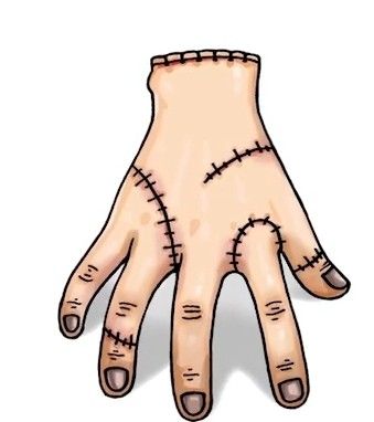 an illustration of a hand with stitches on the middle finger and bottom half of it