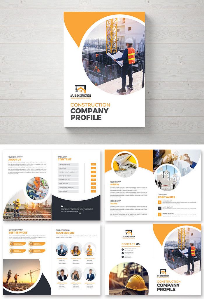 an orange and white brochure with construction workers on it