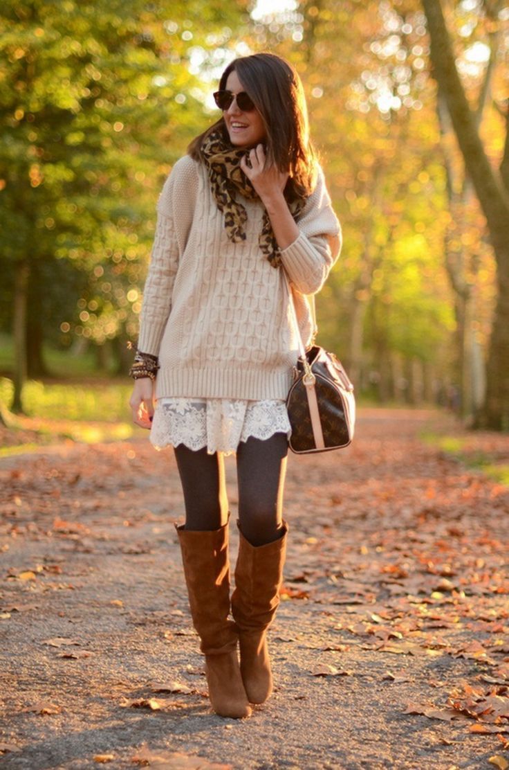 facf9f743b083008a894eee7baa16469desc42406344ri Bohemian Fall Outfits, Sweater Over Dress, Chique Outfit, Skirt Diy, Outfit Chic, Mode Boho, Tights And Boots, Looks Street Style, Outfit Trends