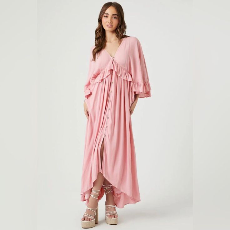 A Woven Maxi Dress Featuring A Plunging V-Neckline And Back, Back Self-Tie With Tassel Accents, Butterfly Sleeves, Flounce Trim, Button-Front Closures, And High-Low Hem. New Without Tags. All Tags Cut Out To Prevent Returns To The Company. Small Inventory #P1258 Medium Inventory #P1595 Flowy V-neck Maxi Dress With Buttons, Spring V-neck Midi Dress With Buttons, V-neck Maxi Dress With Button Closure For Daywear, V-neck Maxi Dress With Buttons For Daywear, V-neck Midi Dress With Button Closure For Vacation, V-neck Daywear Dresses With Button Closure, V-neck Dresses With Button Closure For Daywear, Pink Buttoned Maxi Dress For Vacation, Pink Beach Maxi Dress With Buttons