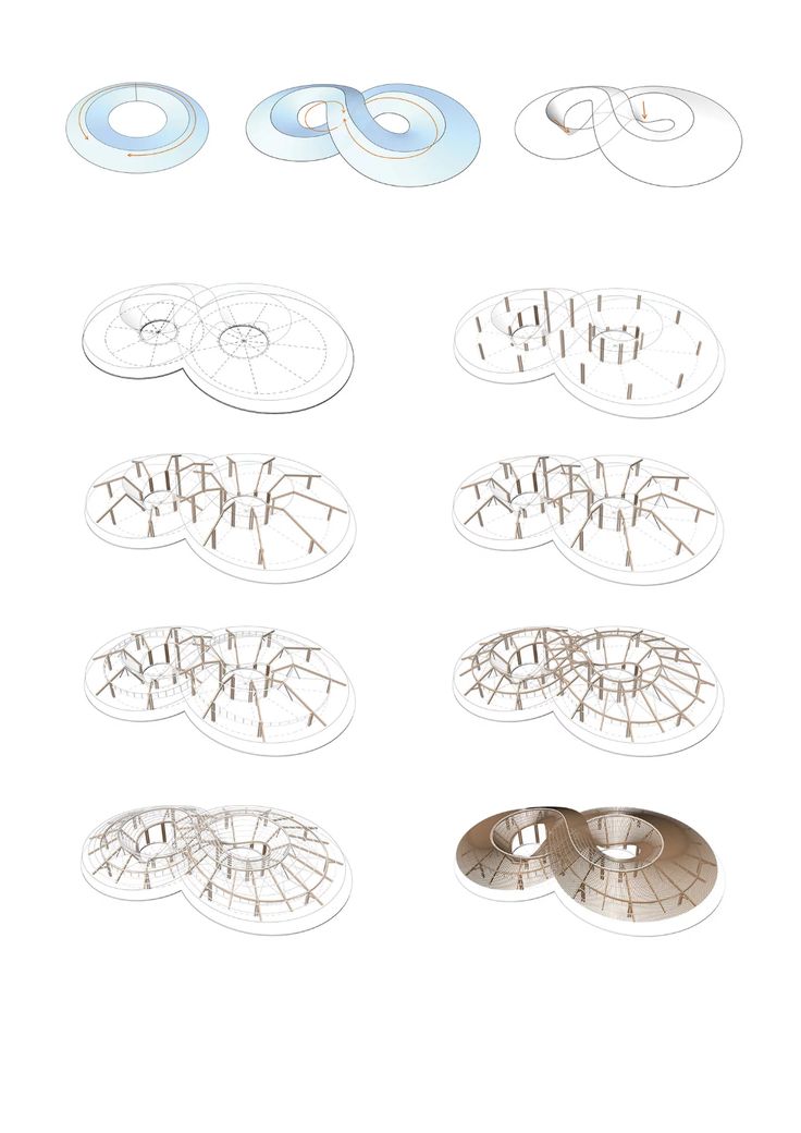 several circular objects are arranged in rows on a white background, each with different shapes and sizes