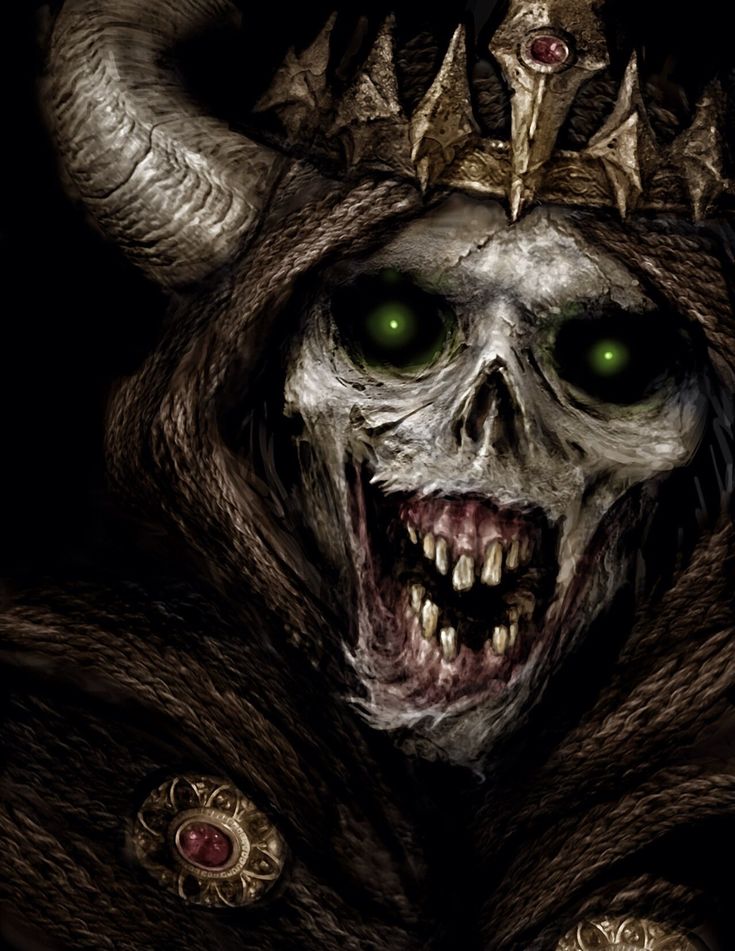 an evil demon with horns and green eyes wearing a horned headdress is depicted in this digital painting