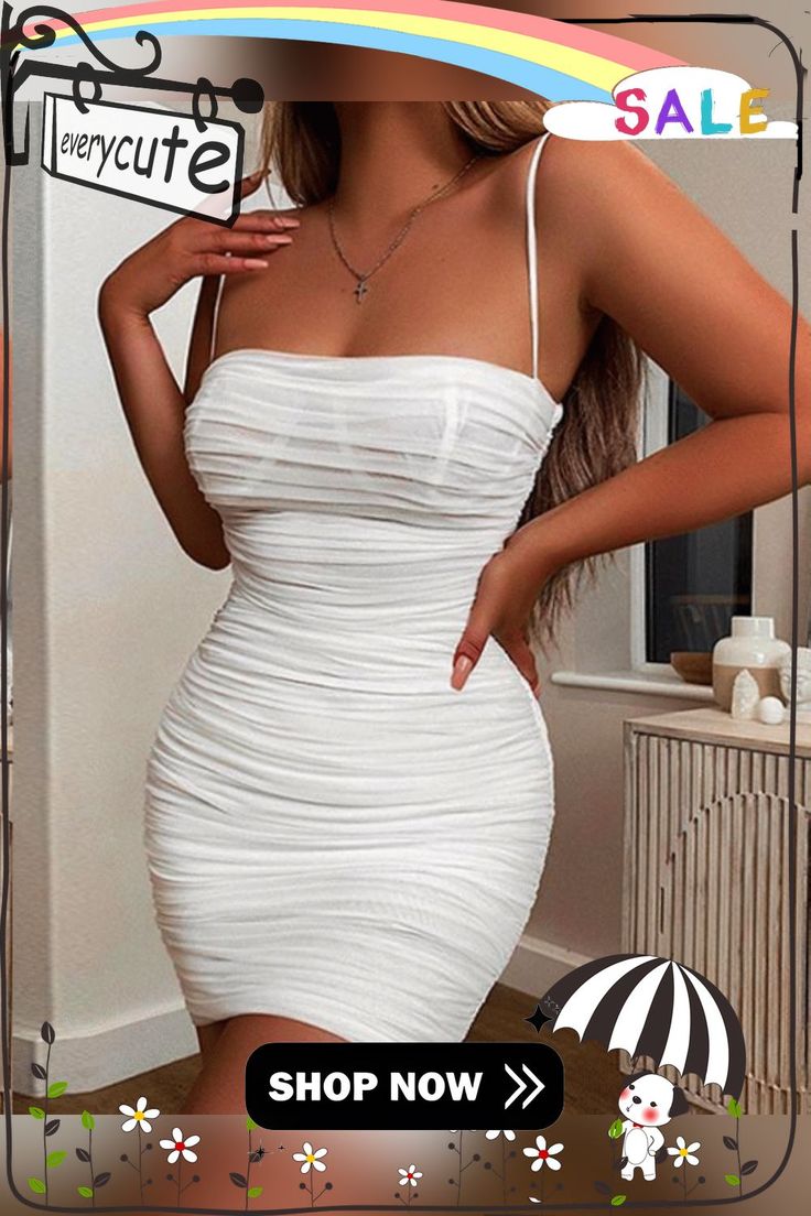 Women Summer Daily Bodycon Sexy Dress White Summer Bandage Dress For Club, White Flirty Bodycon Dress For Party Season, Flirty White Bodycon Dress For Party Season, White Mini Bandage Dress For Summer, White Summer Mini Bandage Dress, White Summer Mini Length Bandage Dress, White Bodycon Mini Dress For Party Season, Fitted Mini Bandage Dress For Summer, White Ruched Bodycon Club Dress