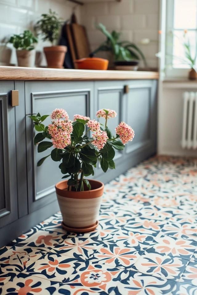 Trendy Kitchen Floor Tile Ideas 2024 Guide Boho Kitchen Floor Tiles, Kitchen Inspo Tile Floors, Kitchen Floor Tile Design Ideas, Pattern Kitchen Floor Tiles, Kitchen Mosaic Floor, Dining Room Tile Floor Ideas, Modern Farmhouse Kitchen Tile Floor, Small Kitchen Floor Ideas, Peel And Stick Flooring Kitchen