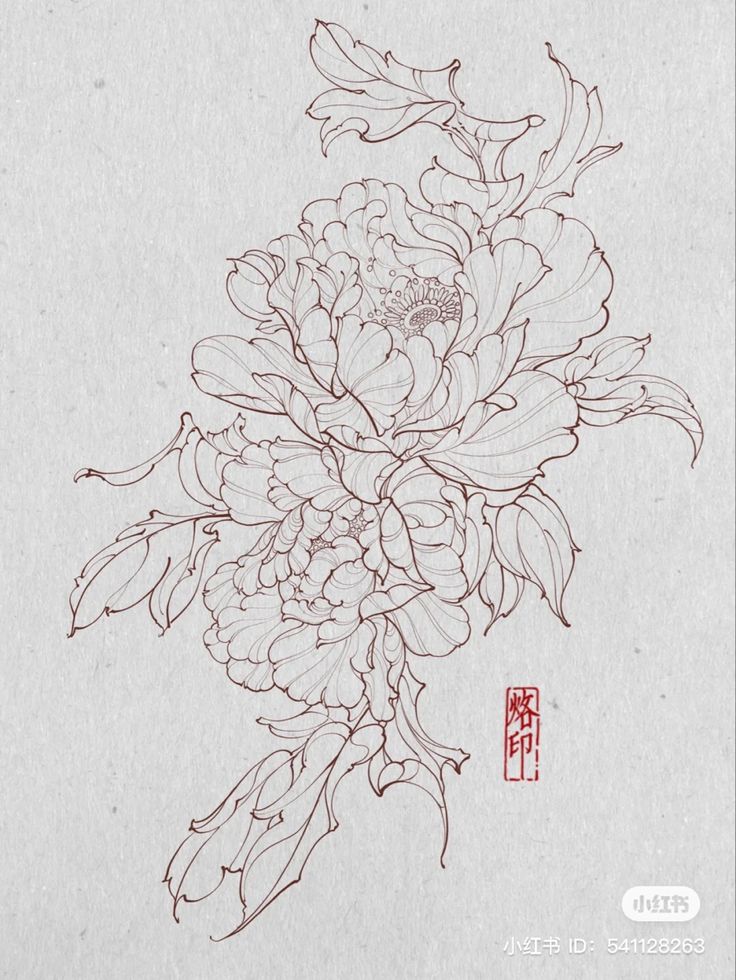 a drawing of some flowers on a piece of paper with chinese writing in the background