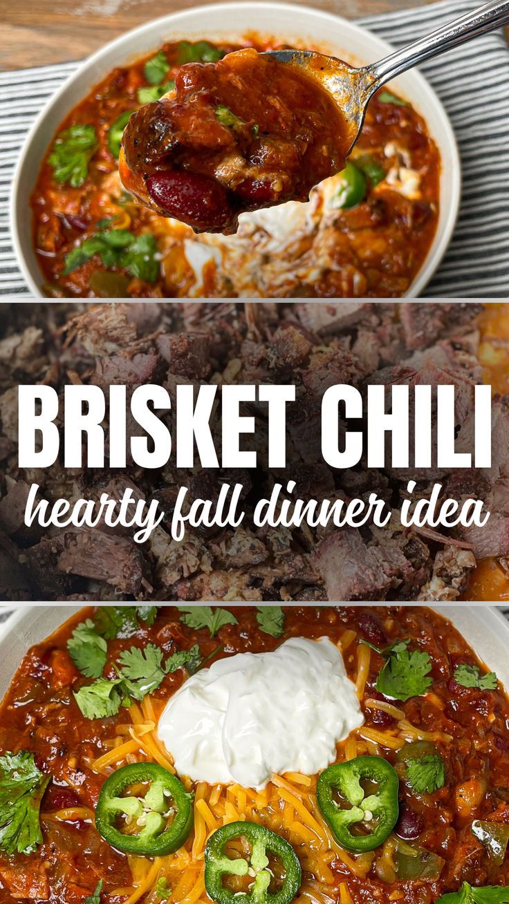 Three image collage of smoked brisket chili. Ways To Cook Brisket, Leftover Beef Brisket Recipes Ideas, Burnt Ends Chili, Brisket Chili Crockpot, Recipes With Brisket Leftovers, Leftover Beef Brisket Recipes, Leftover Smoked Brisket Ideas, Recipes With Brisket, Brisket Chilli