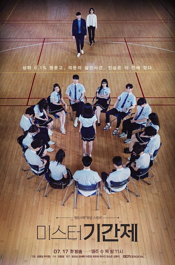 a group of people sitting around each other on top of a wooden floor in front of a poster