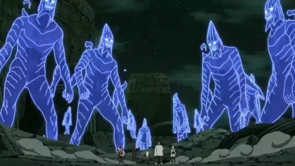 an animated scene with several people walking around in front of blue glowing figures on the ground