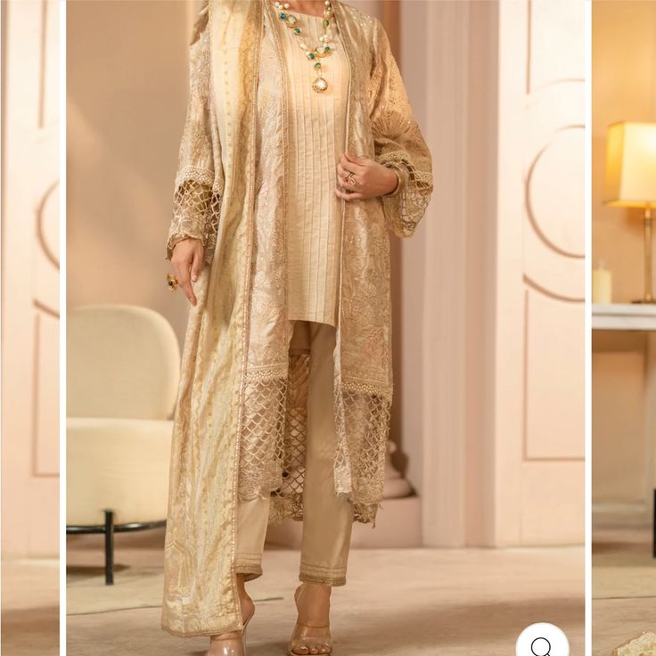 Pakistani Dress Brand Almirah Size Medium Brand New Elegant Long Dresses For Eid, Long Beige Dress For Eid, Beige Long Dress For Eid, Long Beige Dresses For Eid, Elegant Maxi Sets With Dupatta, Elegant Evening Dress With Dabka Embroidery, Elegant Maxi Length Sets With Dupatta, Elegant Dresses For Eid, Elegant Long Sleeve Dress With Dabka