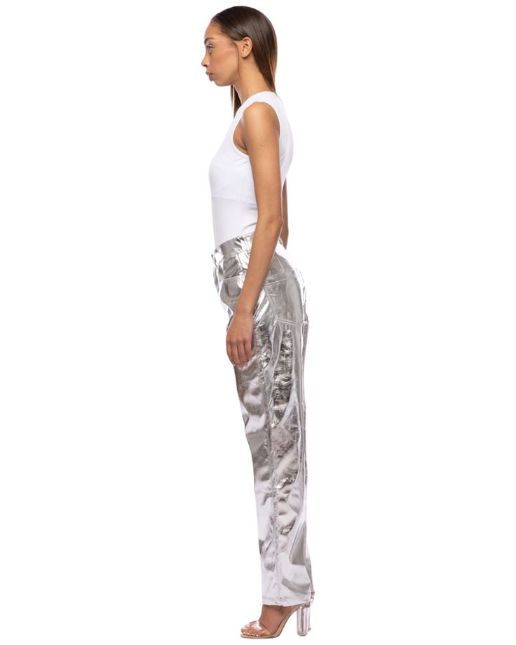 Mia metallic mirror pants for women Shiny Pants For Workwear, Fitted Shiny Straight Leg Pants, Metallic Straight Leg Pants With Five Pockets, Metallic Straight Leg Leather Pants For Night Out, Shiny Straight Leg Bottoms For Night Out, Modern Metallic Straight Leg Pants, Chic Metallic Straight Leg Leather Pants, Metallic Shiny Straight Leg Bottoms, Luxury Bottoms With Five Pockets