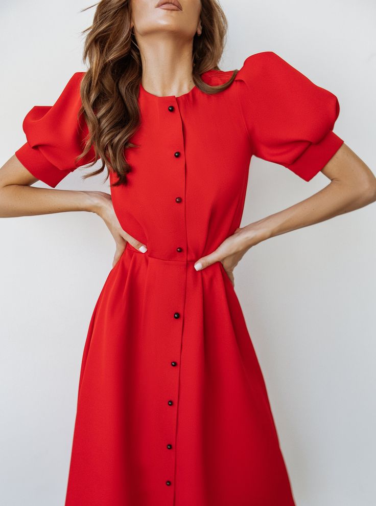 Fabric: Crepe Viscose 50%, Polyester 40%, Elastane 10% Round Neck Short puffed-sleeve Flared waist Buttoned Midi length Spring Dresses With Blouson Short Sleeves, Red Puff Sleeve Midi Dress For Spring, Red Short Sleeve Puff Sleeve Dress For Summer, Spring Knee-length Puff Sleeve Dress With Structured Shoulders, Chic Red Puff Sleeve Midi Dress, Chic Red Midi Dress With Puff Sleeves, Red Casual Puff Sleeve Midi Dress, Knee-length Puff Sleeve Dress With Gathered Sleeves, Casual Red Puff Sleeve Midi Dress