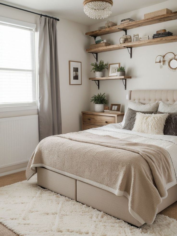 a bedroom with white walls and shelving above the bed, along with an area rug on the floor