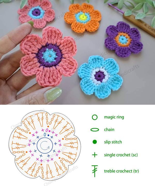 crochet flowers are shown with instructions to make them