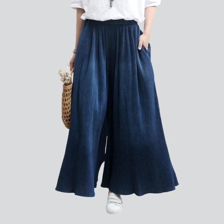 Unveil a timeless look with our 2023 Autumn Collection Pleated Navy Culottes Denim Pants—an alluring mix of vintage-style y2k. a dark wash finish. and modern-day style.Why These Pants are an Autumn EssentialFashioned with a classic y2k style. these pantskirt are a timeless addition to any wardrobe. The dark wash finish is a stylish choice for autumnal days. enhanced by its high-waisted silhouette and rubber closure. Perfect for day or night. these denim pants will be your go-to for any occasion. Skirt Making, Essential Wardrobe, Vintage Trends, Autumn Collection, Dark Blue Color, 2023 Autumn, Womens Jeans, Daily Style, Style Clothes