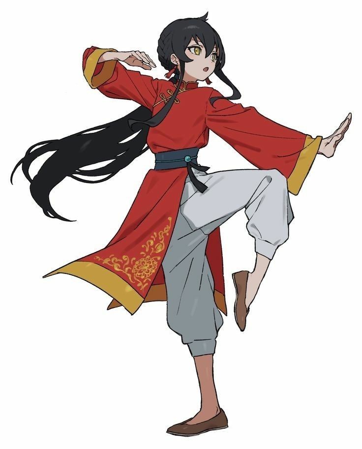 an anime character with long black hair wearing a red and yellow outfit, holding her arms out