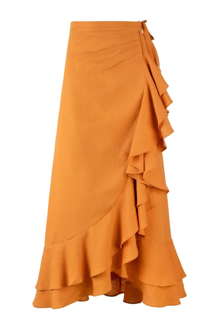 The Golestan Skirt will become your go-to choice for understated elegance in warmer weather. Its bright orange color is perfect for the summertime on your next beach vacation. Crafted from 100% linen, this skirt features two layered ruffles and a wrap skirt closure. Feel comfortable and look beautiful in the Golestan, especially when paired with the matching Gol Crop Top. Dimension : Size FRONT LENGTH BACK LENGTH WAIST XS/S 80 CM; 31.5 In 108 CM; 42.5 In 68-72 CM; 27-28.5 In S/M 80 CM; 31.5 In 1 Yellow Ruffled Skirt For Beach, Yellow Ruffled Summer Skirt, Yellow Flowy Ruffled Maxi Skirt, Bohemian Yellow Ruffled Skirt, Yellow Ruffled Beach Skirt, Gul Hurgel, Maxi Wrap Skirt, Adriana Degreas, Rebecca Vallance