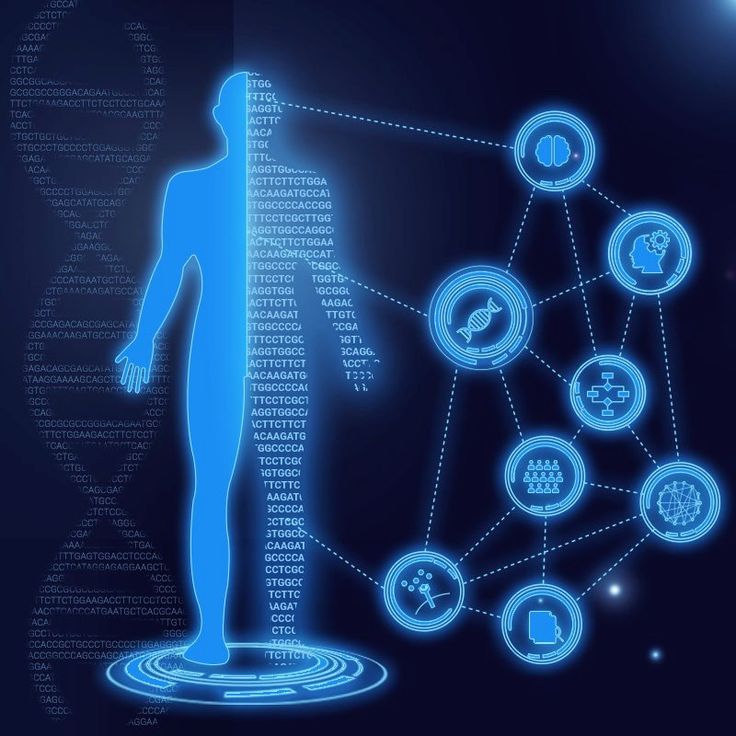 a man standing in front of a blue background with circles and dots around him, which are connected to the human body