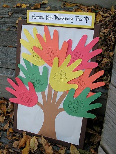 a family tree made out of handprints on a wooden deck with the words tambao kids thanksgiving tree written on it