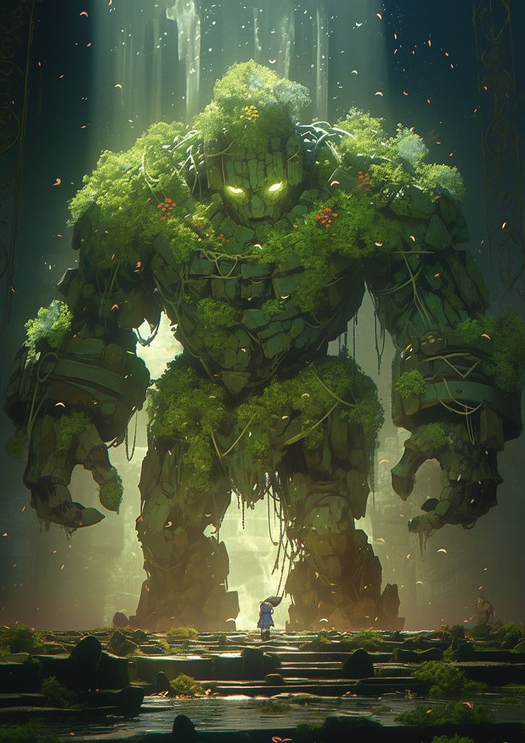 a giant green monster standing in the middle of a forest with lots of plants on it