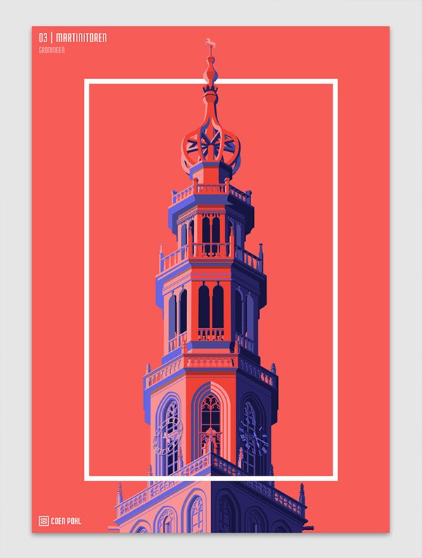 an orange and pink poster with a clock tower in the middle, against a red background