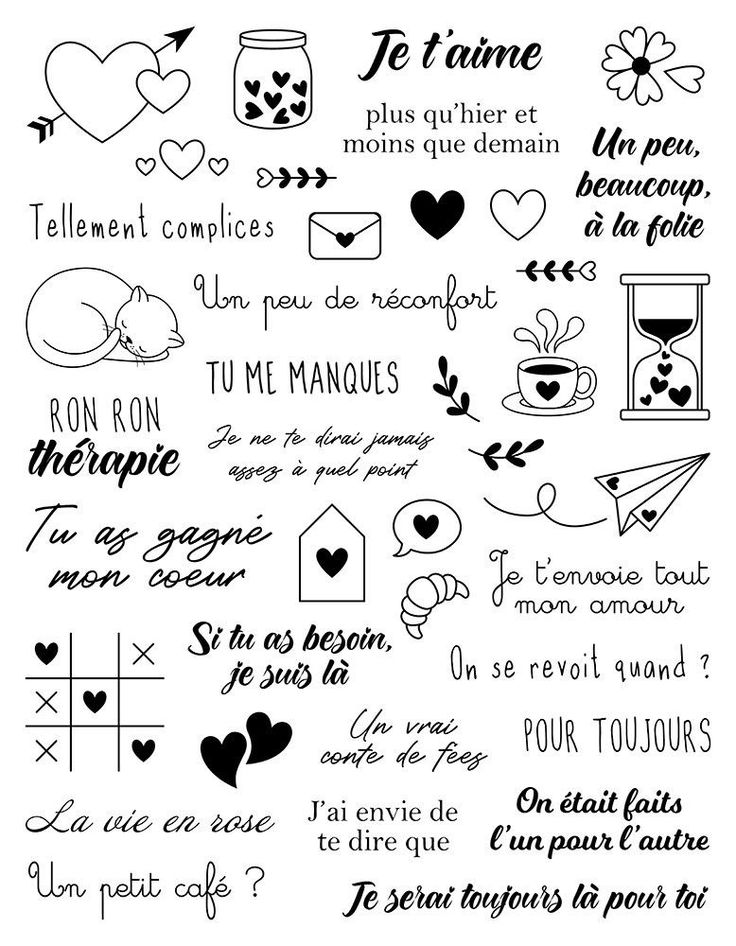 the french phrases and symbols are drawn in black ink on a white paper with hearts