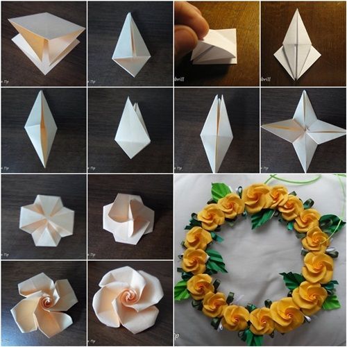 how to make an origami wreath with flowers and leaves on the outside, step by step instructions