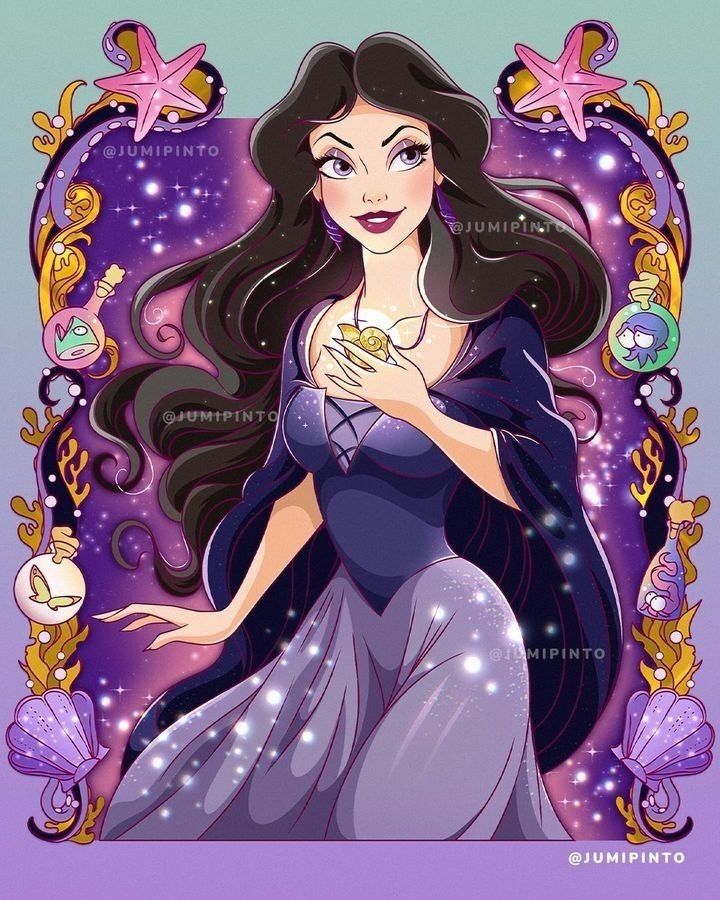 disney princess ariel from the little mermaid movie, with purple hair and long black hair