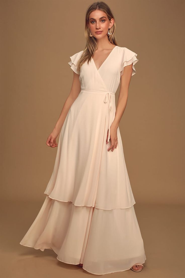 Cream Bridesmaid Dresses, Grecian Maxi Dress, Chiffon Wrap Dress, Dress With Flutter Sleeves, Casual Dresses For Teens, Petite Maxi Dress, Long Gown Design, Cute Casual Dresses, Maid Of Honour Dresses