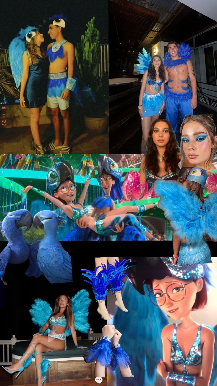 several pictures of women dressed in blue and green costumes, including one with feathers on her head