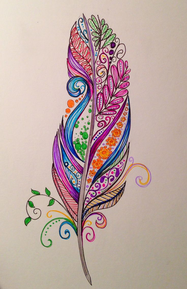 a drawing of a colorful feather with swirls