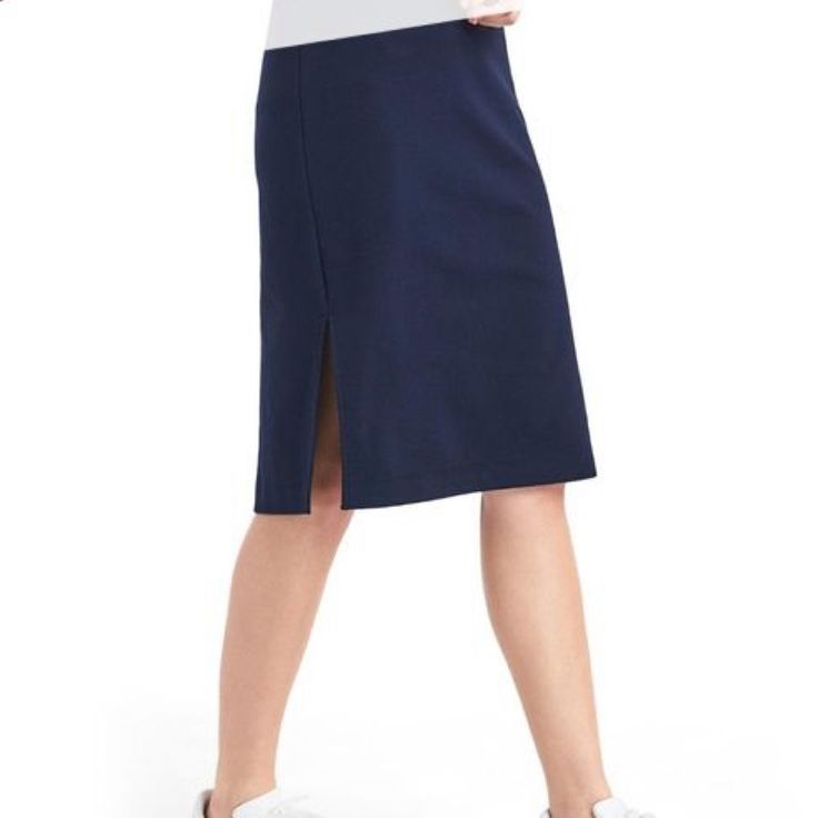 Brand New With Tags Two Side Slits Casual Knee-length Bottoms With Side Slits, Casual Stretch Skirt With Split Hem, Casual Skirt With Side Slits, Casual Skirt Bottoms With Side Slits, Casual Knee-length Skirt With Side Slits, Casual Pencil Skirt With Split Design, Casual Blue Pencil Skirt With Pockets, Chic Navy Knee-length Bottoms, Casual Blue Pencil Skirt For Work