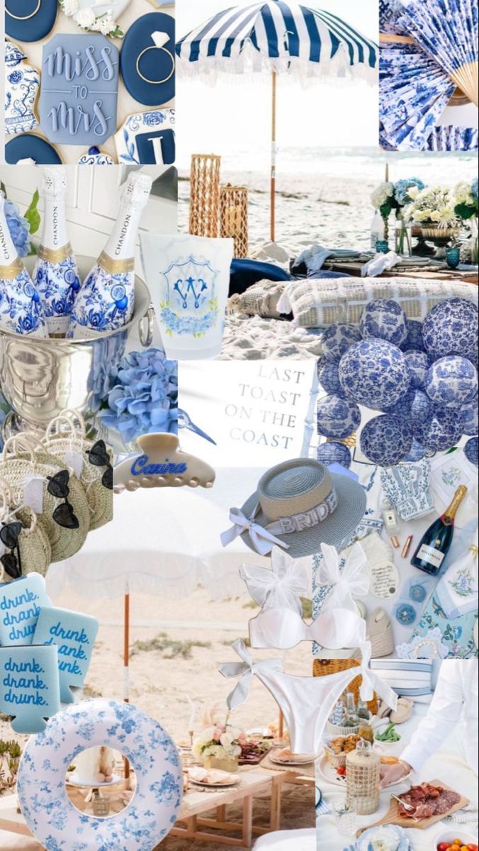 a collage of blue and white items on the beach