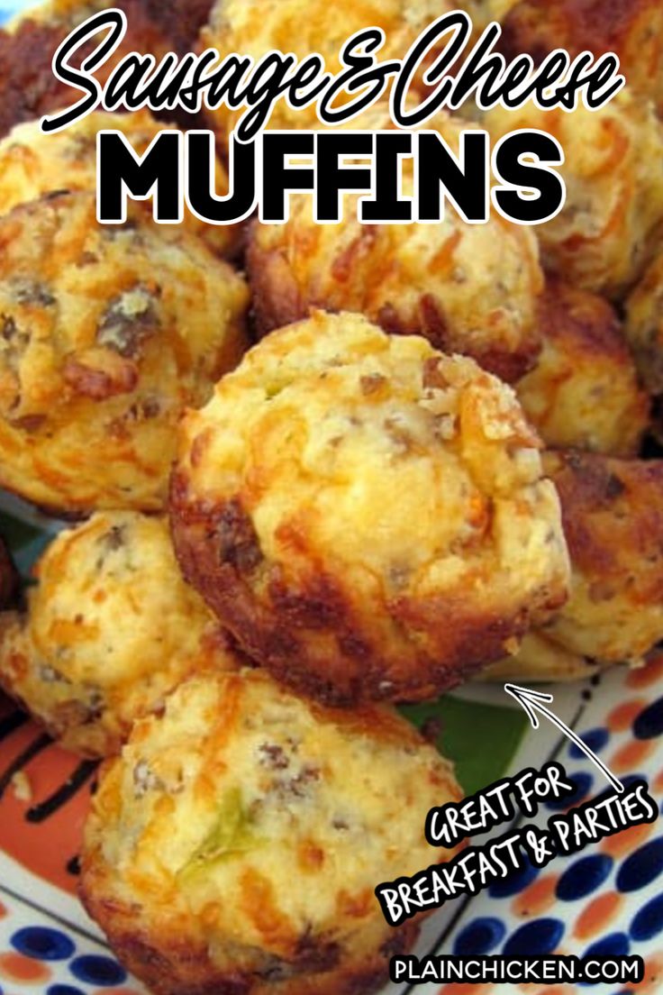 sausage and cheese muffins on a plate with text overlay that reads sausage and other muffins