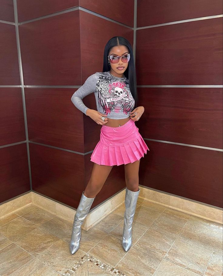 Pink White And Silver Outfit, Silver Pink Outfit, Pink And Silver Outfit, Nicki Minaj Concert Outfit, Mid Calf Boots Outfit, Pink Boots Outfit, Calf Boots Outfit, Nicki Concert, Midi Boots