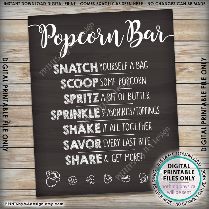 the popcorn bar sign is shown on a wooden background with text that reads popcorn bar