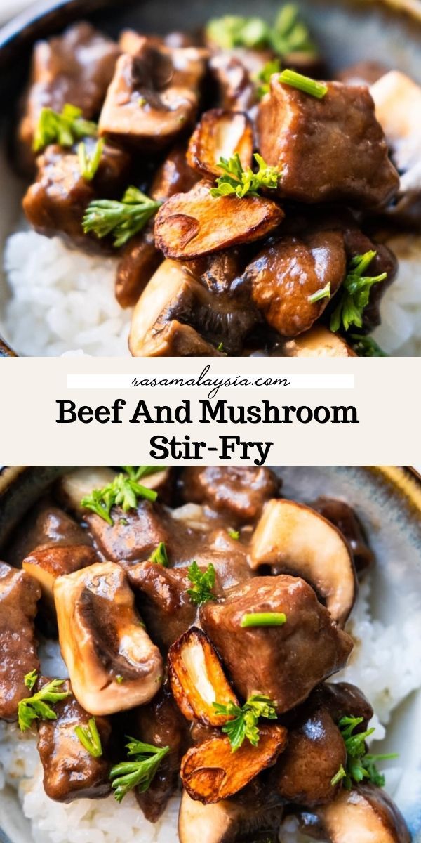 beef and mushroom stir - fry on top of rice