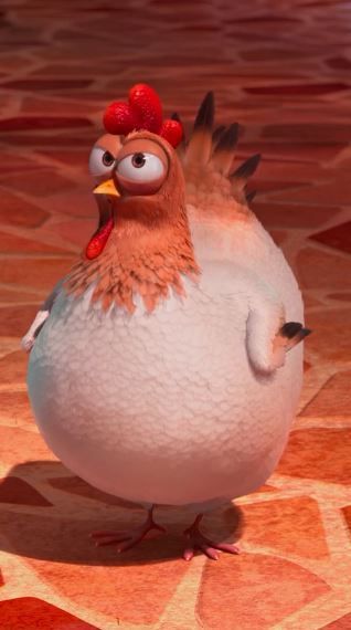 a close up of a chicken on a tile floor with an angry look to it's face