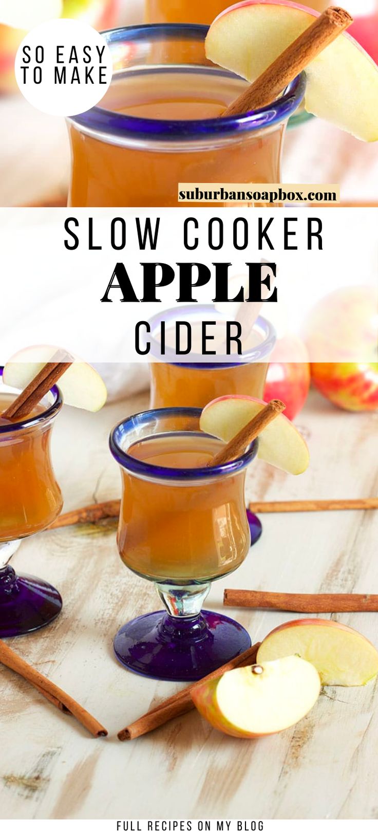 two glasses filled with apple cider sitting on top of a wooden table next to cinnamon sticks