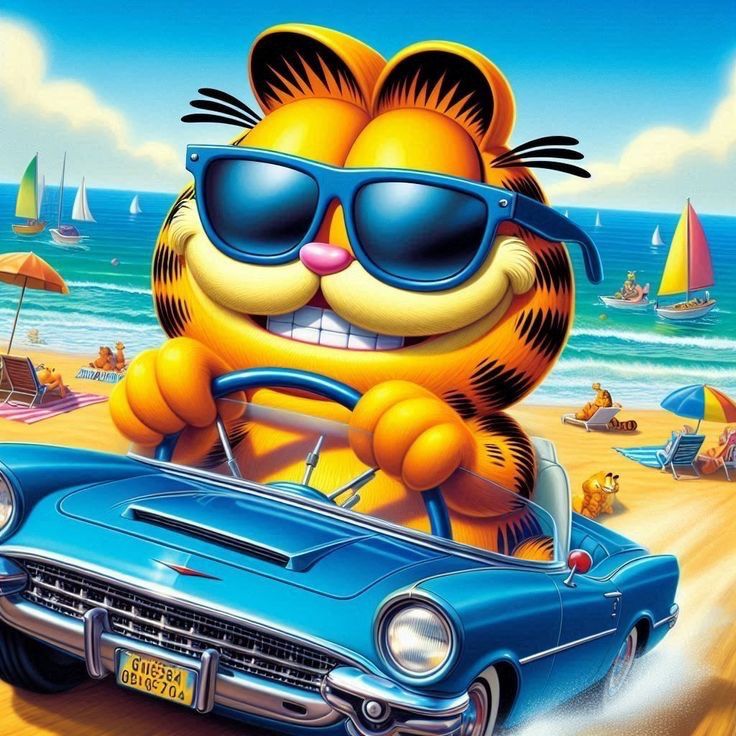 a cartoon cat driving a car on the beach