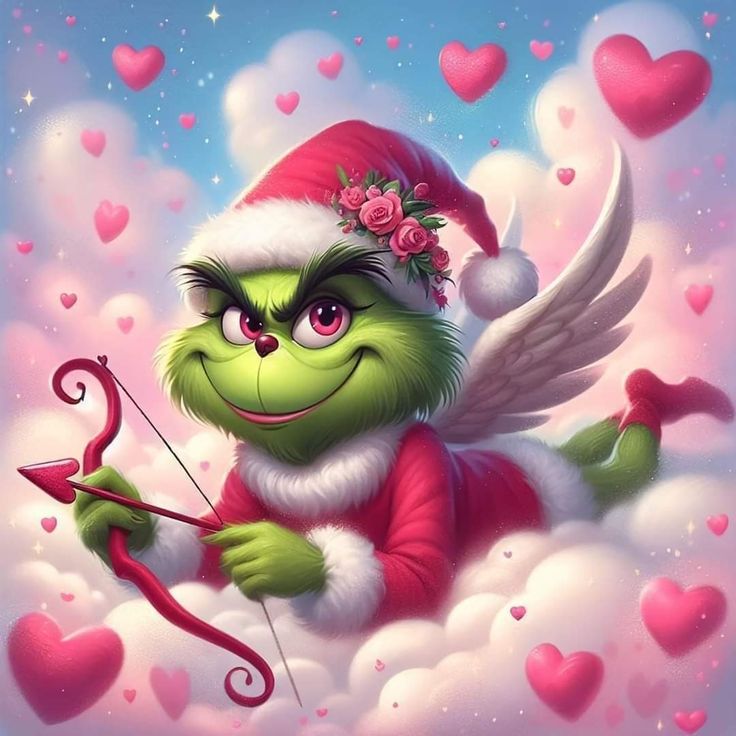 the grinch is holding an arrow and wearing a santa claus hat while sitting on a cloud